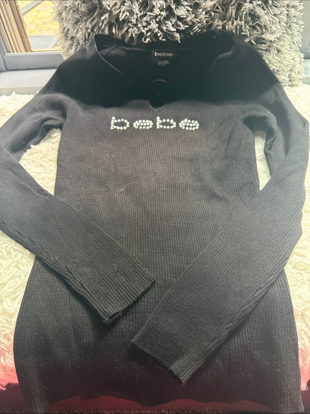 bebe Black Ribbed Rhinestone Logo Keyhole Sweater - Picture 2 of 5
